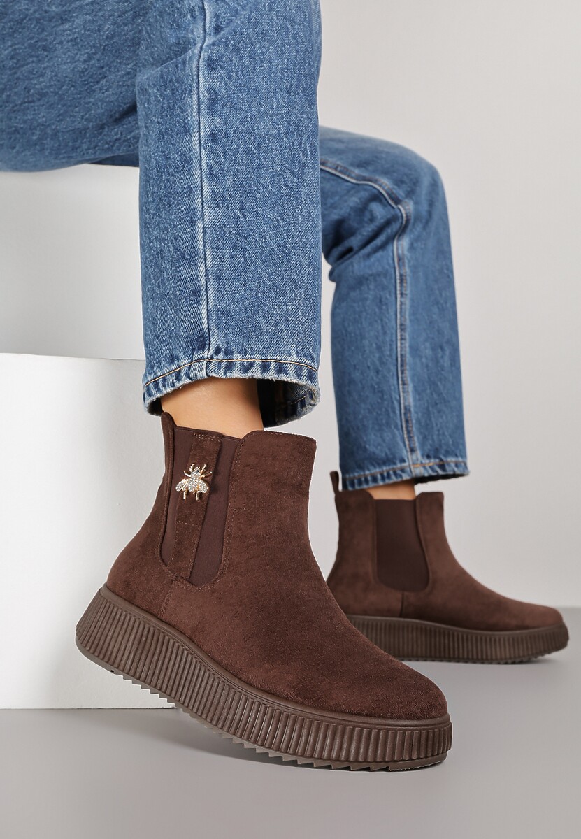 Brązowe Botki Sztyblety Vices Ozdobione Metaliczną Aplikacją Zaicera