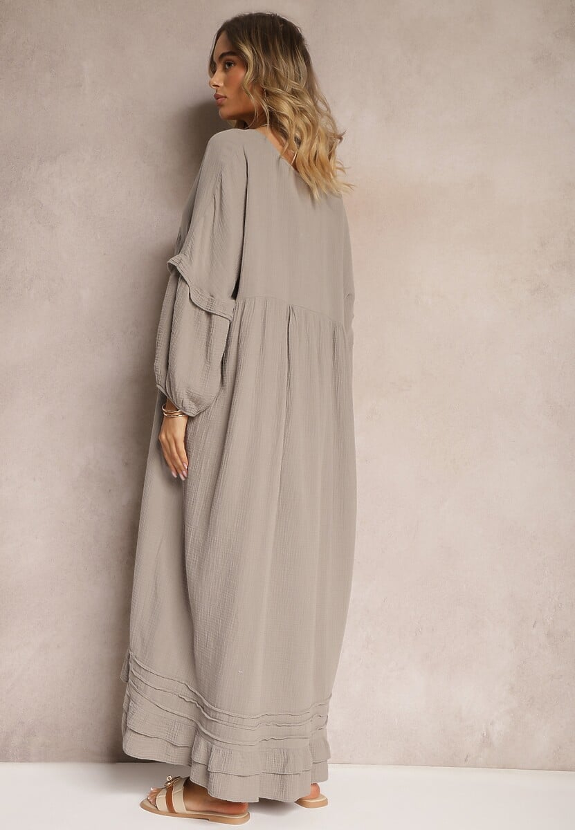 Ciemnobeżowa Muślinowa Trapezowa Sukienka z Bawełny Wykończona Falbaną i Ozdobnymi Rękawami Tanisea