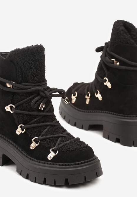 Czarne Sznurowane Śniegowce na Platformie z Ociepleniem Innathiel