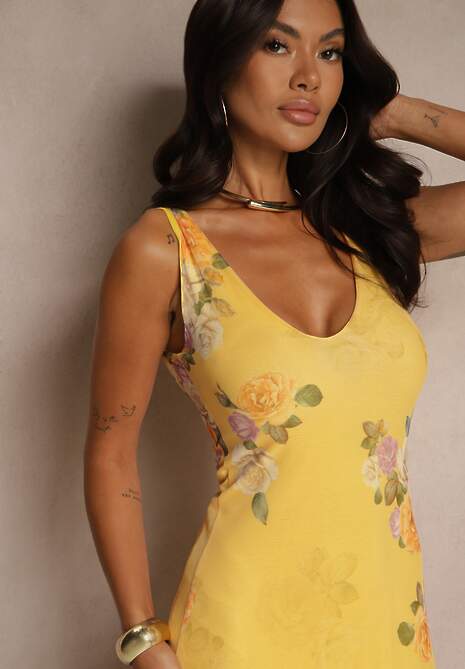 Żółta Sukienka Siateczkowa w Kwiaty Milosea