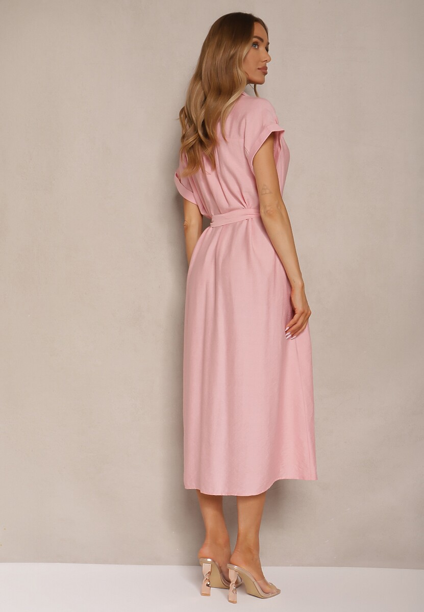Różowa Koszulowa Sukienka z Wiskozy Ozdobiona Paskiem Rinalitia