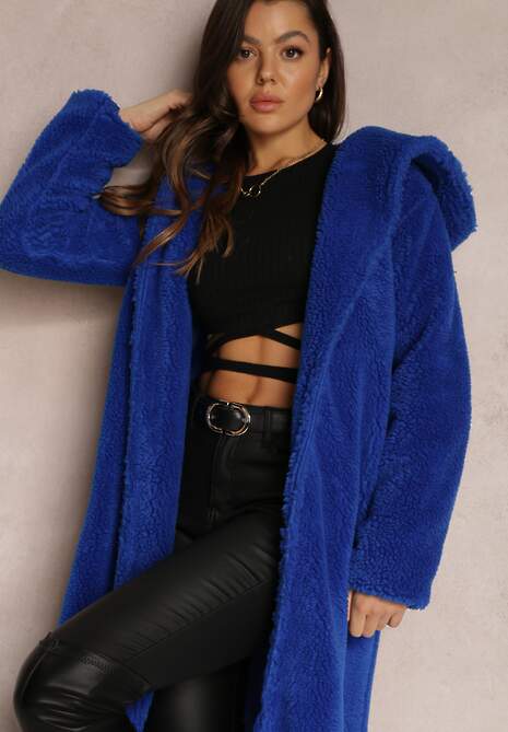 Granatowy Futrzany Płaszcz Wiązany w Pasie Vimegi