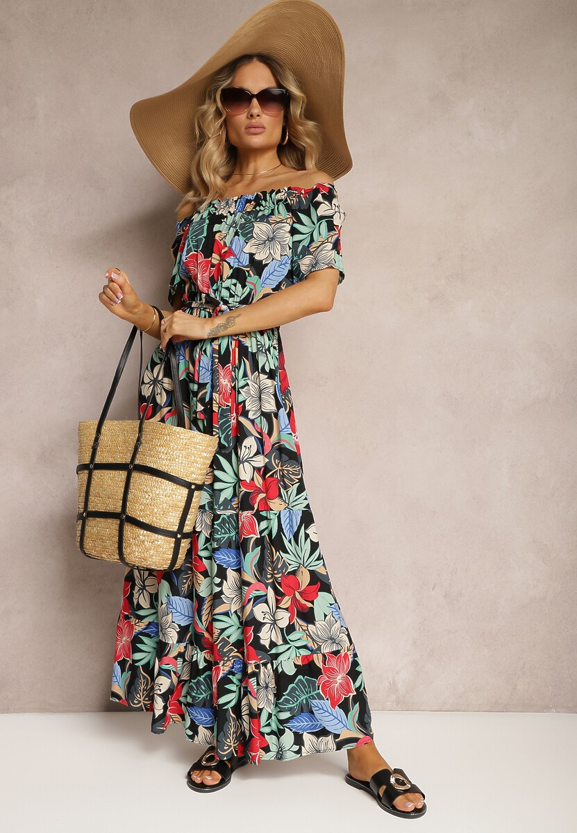 Czarno-Czerwona Wiskozowa Sukienka o Rozkloszowanym Kroju z Paskiem w Talii w Kwiatowy Print Rosubia