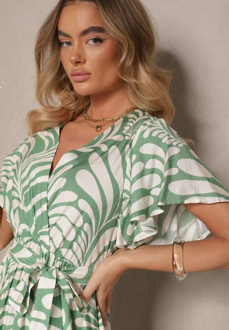 Zielona Kopertowa Sukienka z Wiskozy Zdobiona Printem z Motywem Roślinnym Dinea