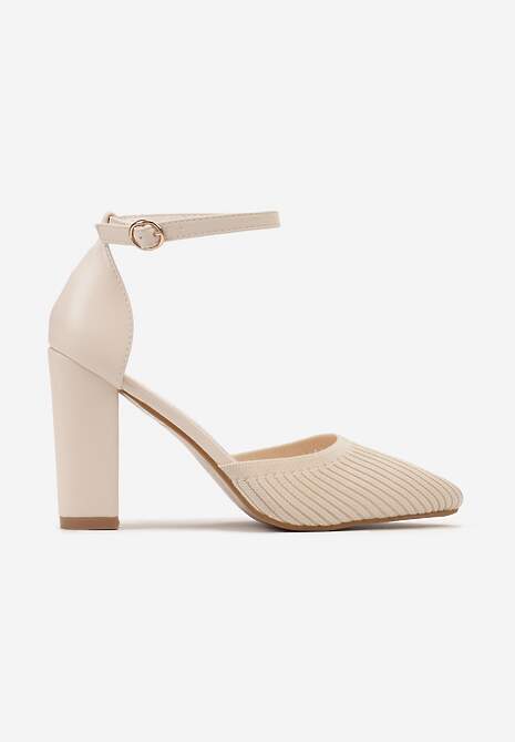 Beżowe Klasyczne Czółenka na Słupku z Zapięciem przy Kostce Arnallia