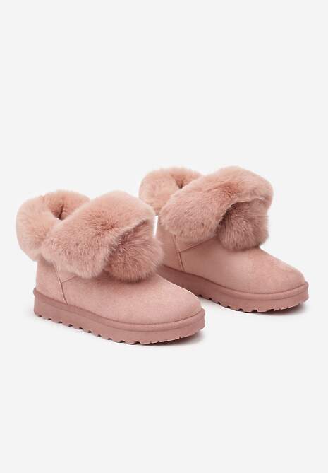 Różowe Śniegowce na Płaskiej Podeszwie z Pomponami z Futerka Seamira