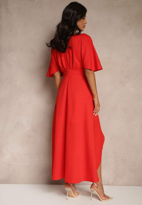 Czerwona Asymetryczna Sukienka Koktajlowa Vices Ozdobiona Falbanką Nelioraia