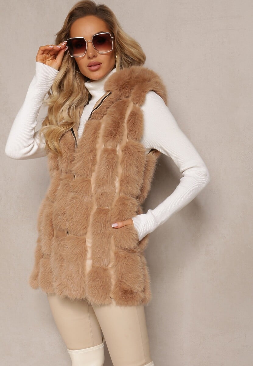 Ciemnobeżowa Futrzana Kamizelka z Kapturem Konessa