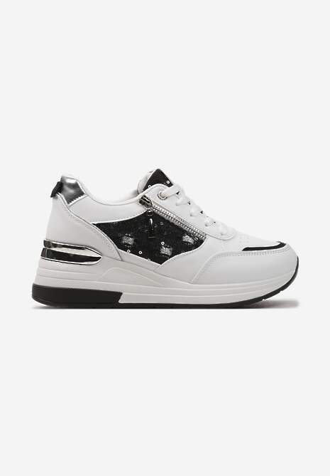 Biało-Czarne Sneakersy na Koturnie z Ozdobną Wstawką z Suwakiem i Sznurowaniem Dastas