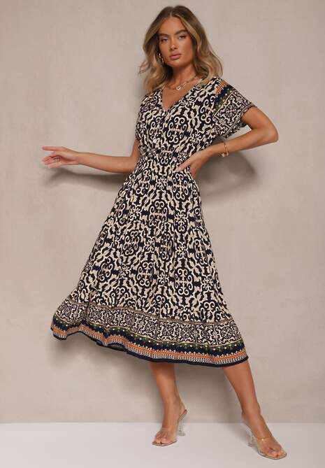 Granatowa Sukienka z Bawełny Ozdobiona Ornamentnym Motywem Fillena