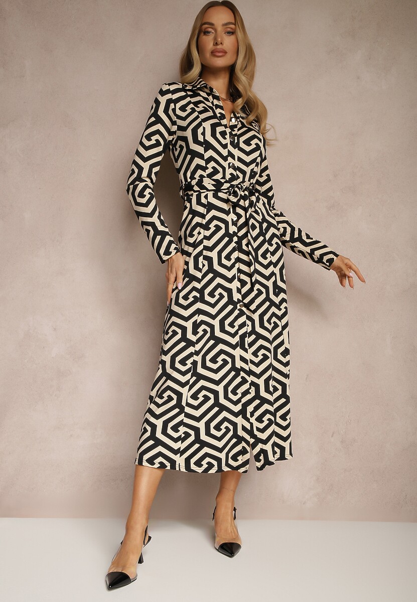 Czarna Sukienka Koszulowa z Wiskozą w Geometryczny Wzór z Paskiem Erisviria