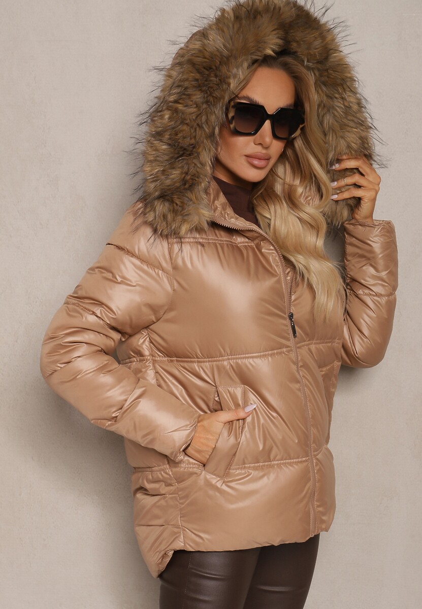 Czarna Asymetryczna Kurtka z Kapturem z Futrem z Możliwością Odpięcia Zineira