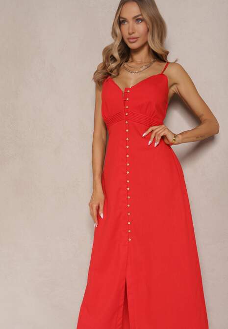 Czerwona Rozkloszowana Sukienka z Bawełny z Guzikami i Regulowanymi Ramiączkami Lorbia