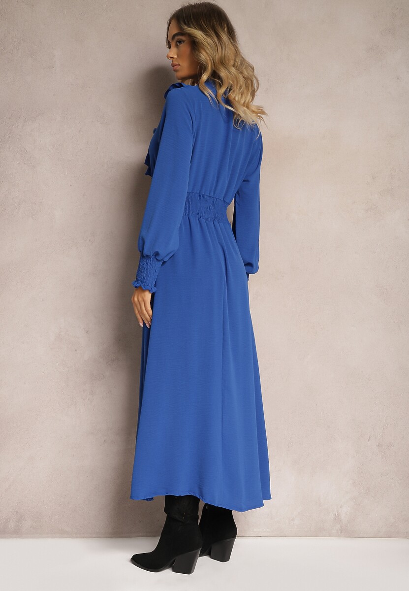 Granatowa Maxi Sukienka Rozkloszowana z Falbankami i Wiązaniem przy Dekolcie Pallam