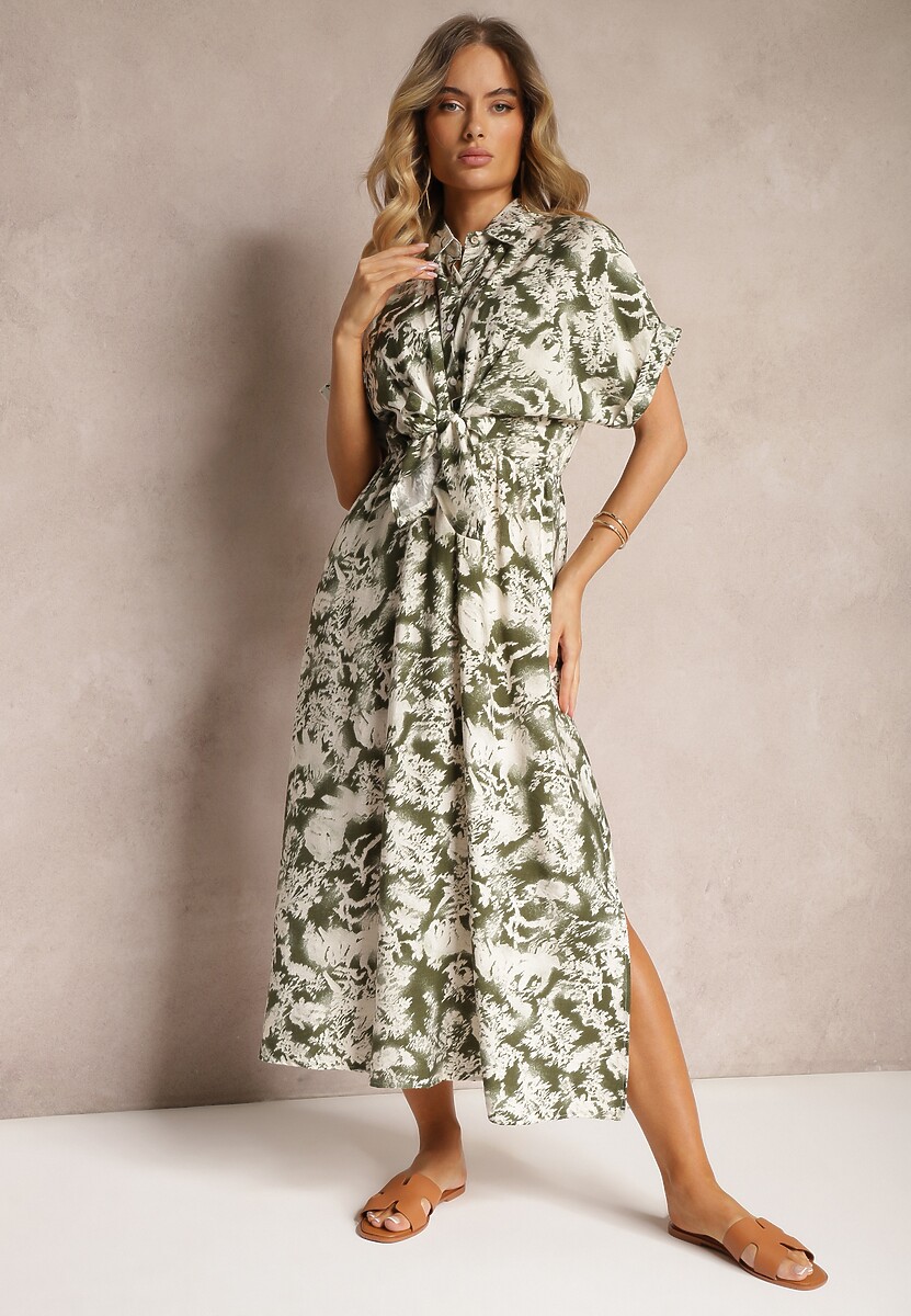 Zielono-Biała Sukienka Taliowana z Gumką w Talii Nasilena