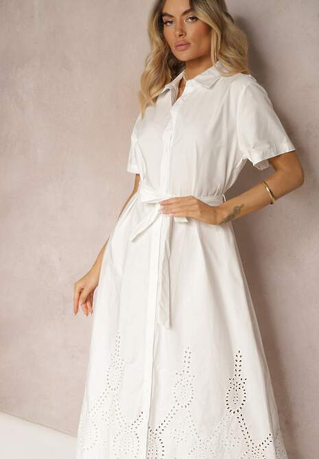 Biała Bawełniana Sukienka o Ażurowym Wykończeniu z Paskiem w Talii Zapinana na Guziki Dimosha