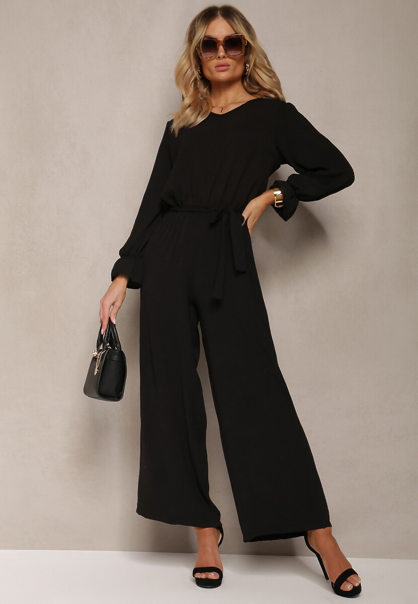 Czarny Casualowy Kombinezon z Paskiem i Gumką w Pasie Wiązany na Plecach Melodette
