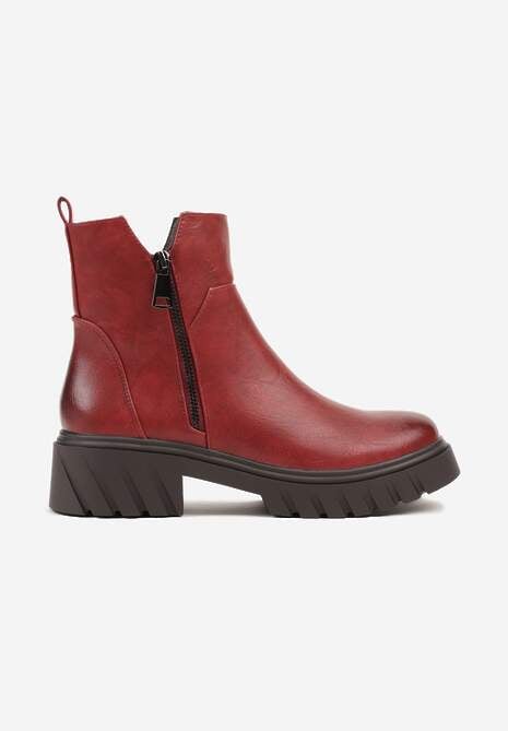 Czerwone Botki do Kostki z Suwakiem na Grubej Podeszwie z Tłoczeniami Redvira