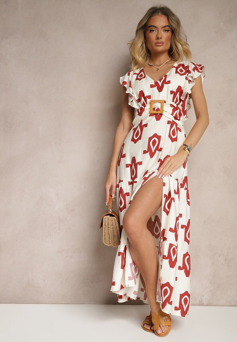 Biało-Czerwona Wiskozowa Sukienka w Geometryczny Wzór z Paskiem z Klamrą Viriala