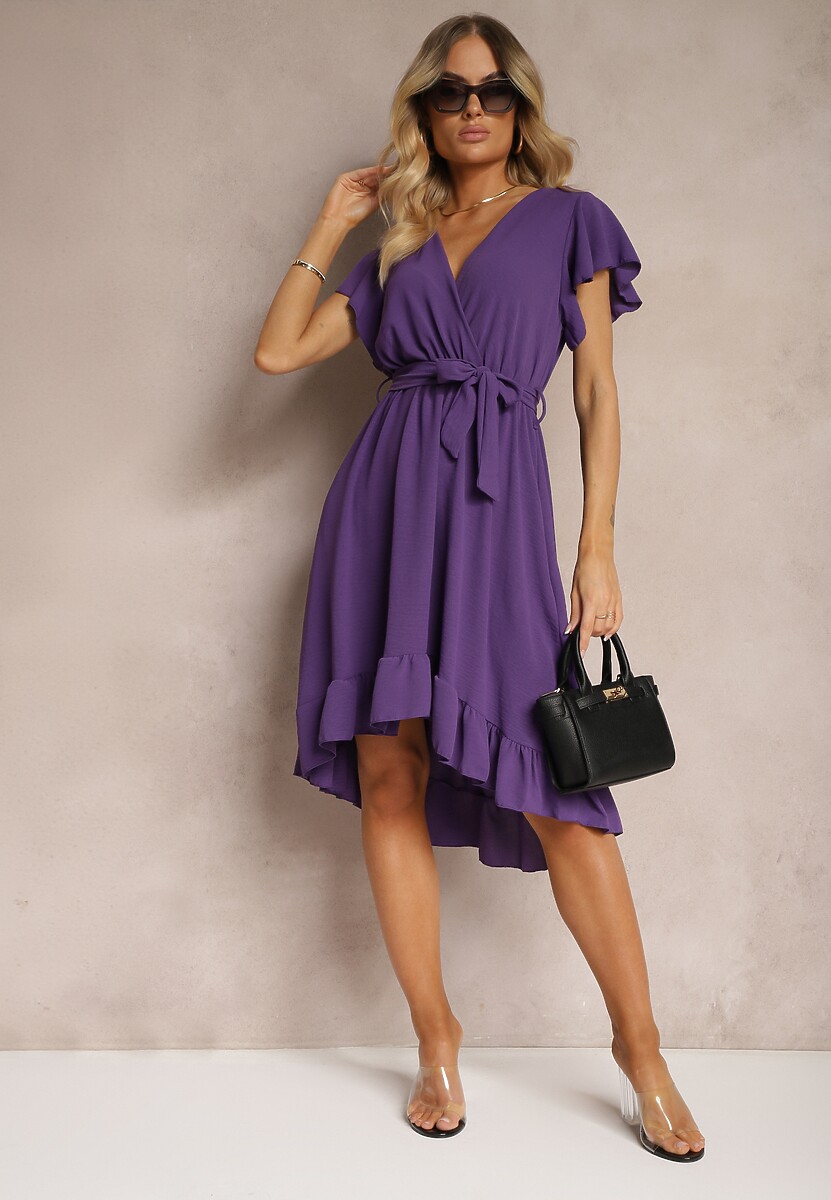 Fioletowa Sukienka z Asymetrycznym Tyłem z Kopertowym Dekoltem Ozdobiona Paskiem w Talii Toridia