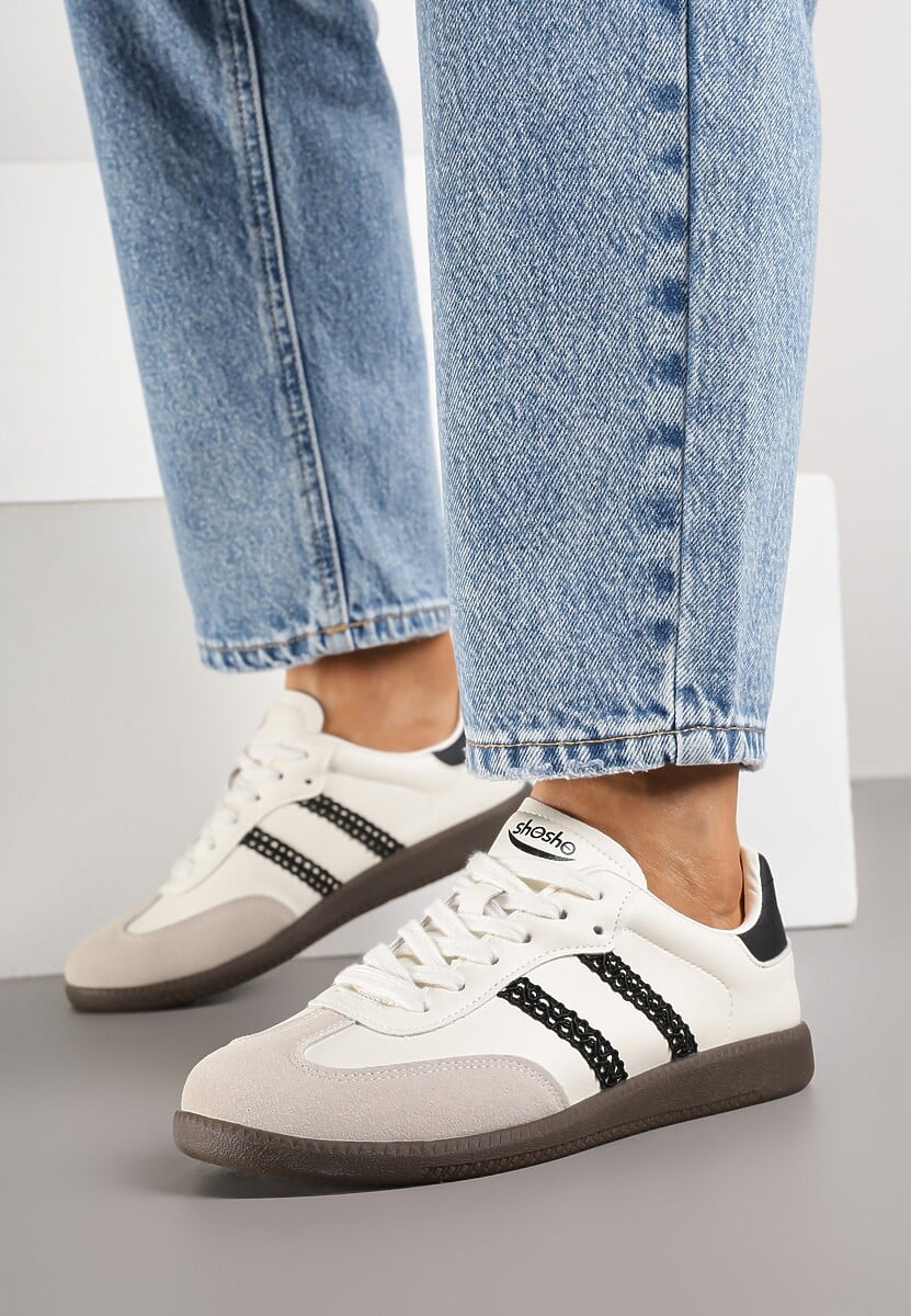 Beżowo-Czarne Sneakersy w Stylu Tenisówek z Geometrycznym Motywem Halonelle