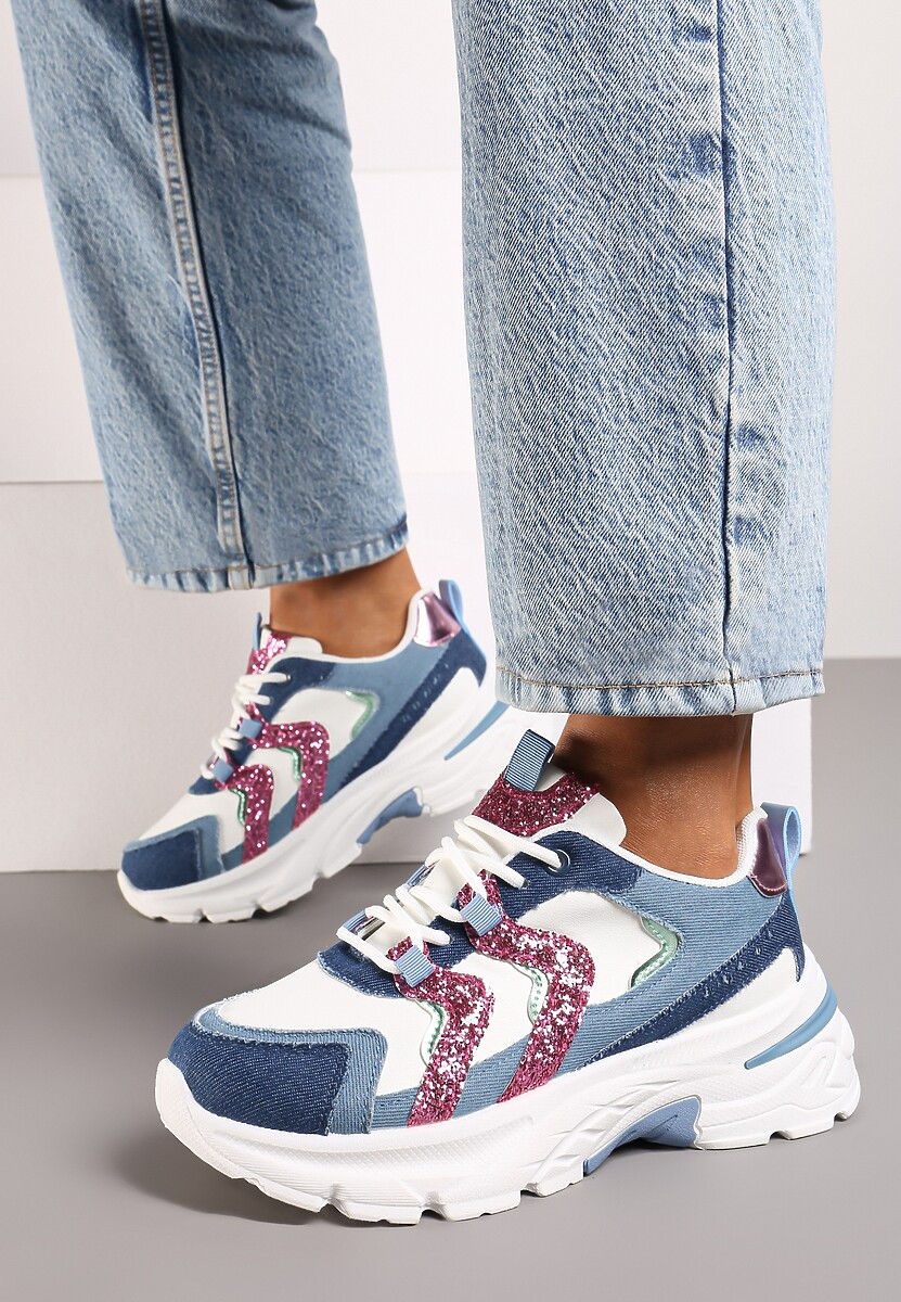 Niebieskie Sznurowane Sneakersy na Platformie Ozdobione Brokatem Betira