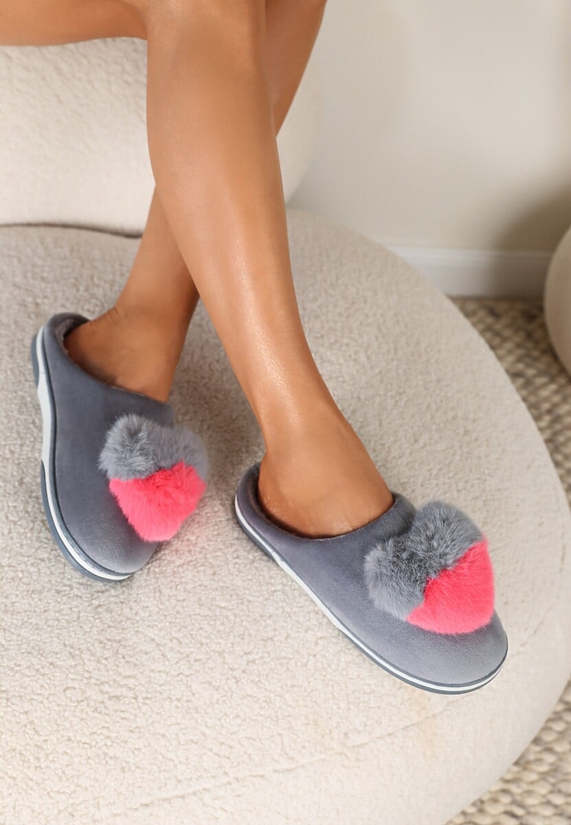 Szare Kapcie z Pomponem w Kształcie Serduszka z Futerka Rafima