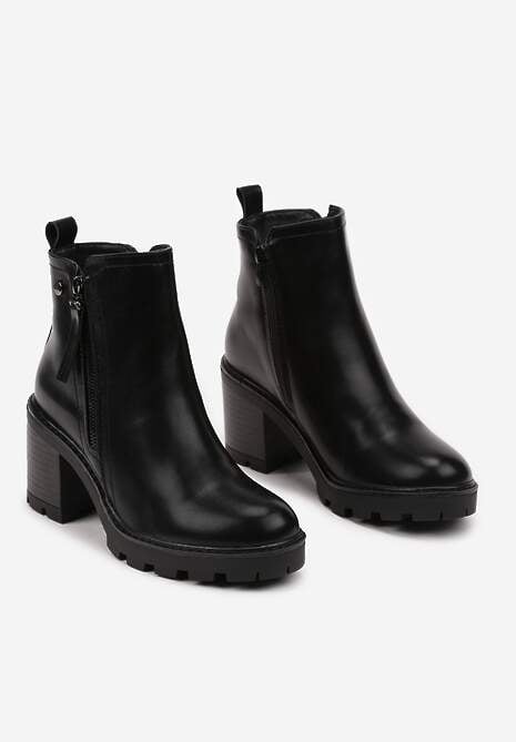 Czarne Botki na Obcasie z Ozdobnym Zamkiem Błyskawicznym Leriene