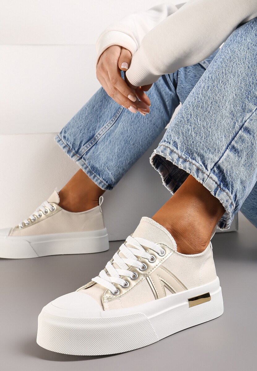 Beżowe Trampki na Grubej Podeszwie Sznurowane Peonema