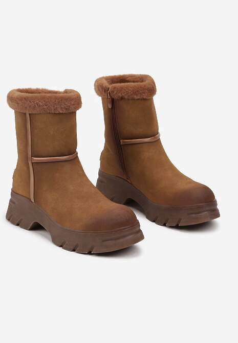Brązowe Śniegowce na Niskiej Platformie z Ozdobnym Futerkiem Revianna