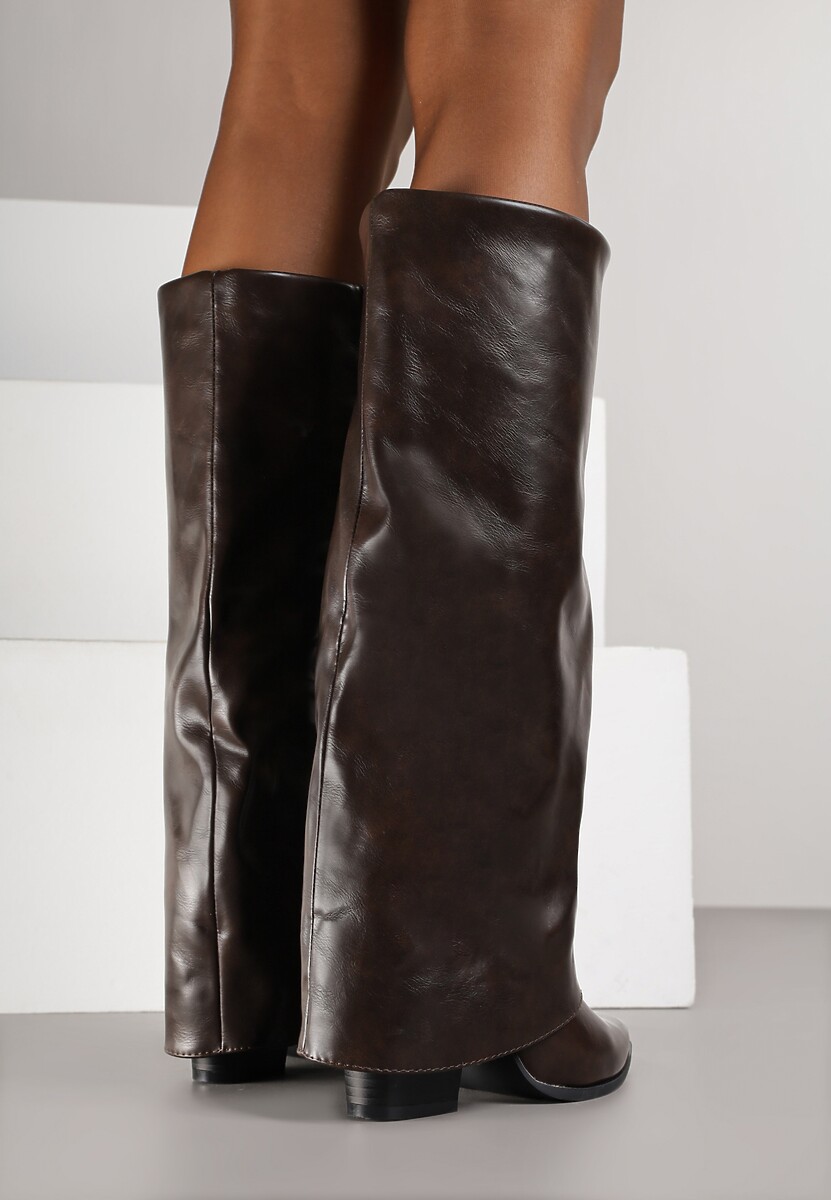 Brązowe Kozaki na Stożkowym Obcasie Ozdobione Wywiniętą Cholewką Nalunisa