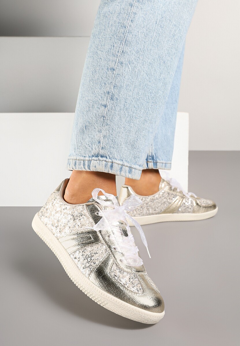 Złote Cekinowe Sneakersy z Wkładką ze Skóry Naturalnej Polwia