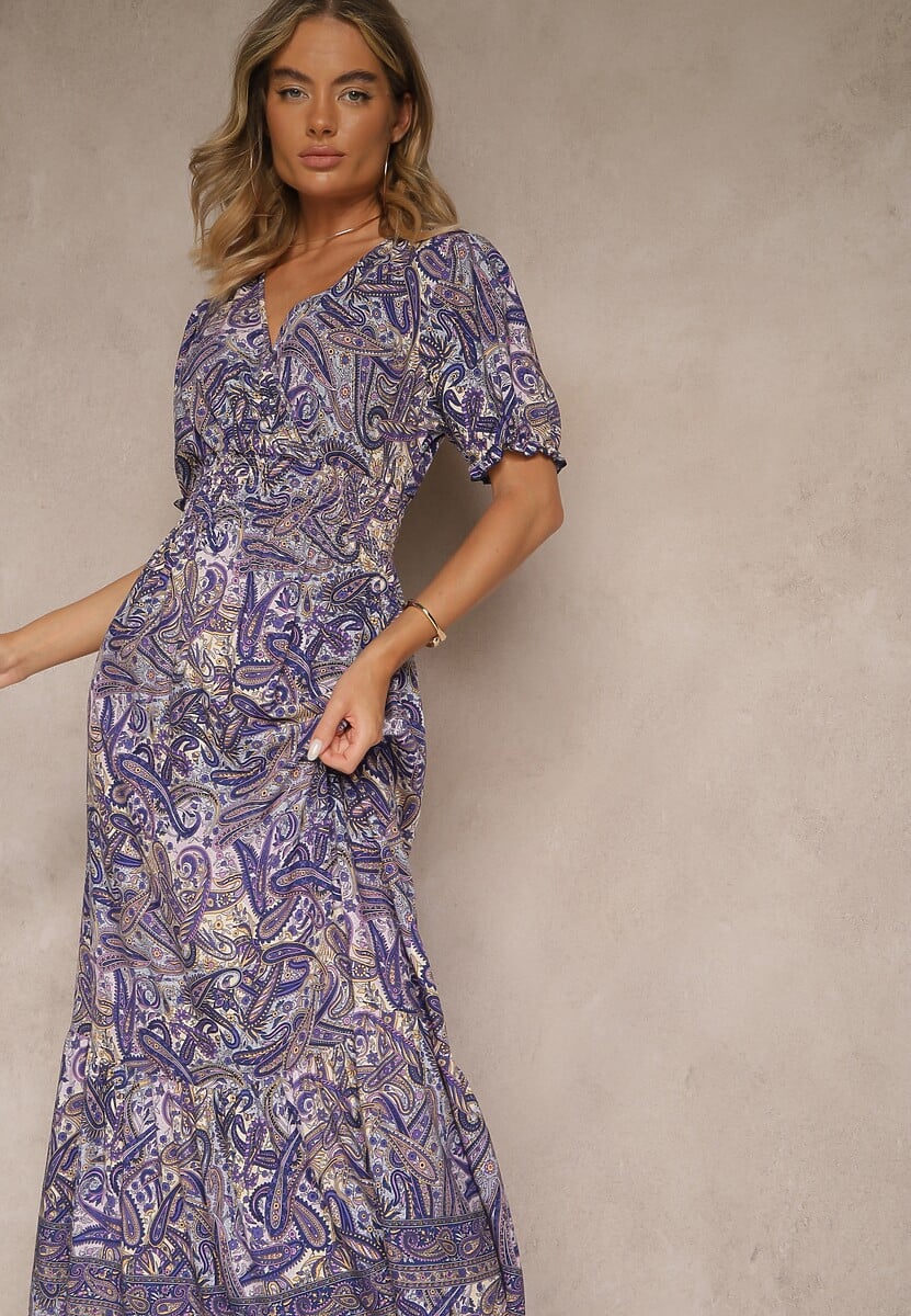 Fioletowa Rozkloszowana Sukienka z Bawełny Zdobiona Wzorem Paisley Folitea