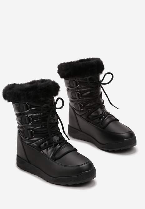 Czarne Sznurowane Śniegowce z Ozdobnym Futerkiem Betmiga