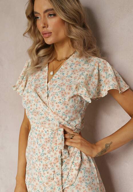 Beżowa Kopertowa Midi Sukienka o Rozkloszowanym Fasonie w Kwiaty Ozdobiona Falbanką Wakena