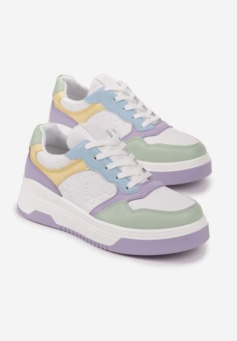 Biało-Fioletowe Sneakersy Sznurowane na Grubej Podeszwie Ainne