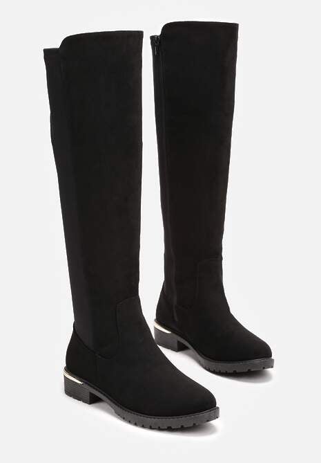 Czarne Kozaki na Płaskim Obcasie z Cholewką do Kolana Navella