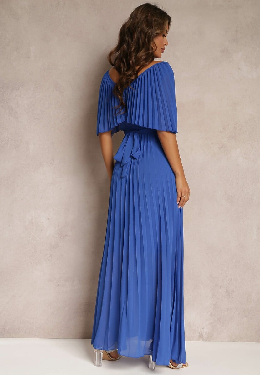 Granatowa Plisowana Sukienka z Gumką w Pasie z Falbaną Przy Dekolcie Drenia