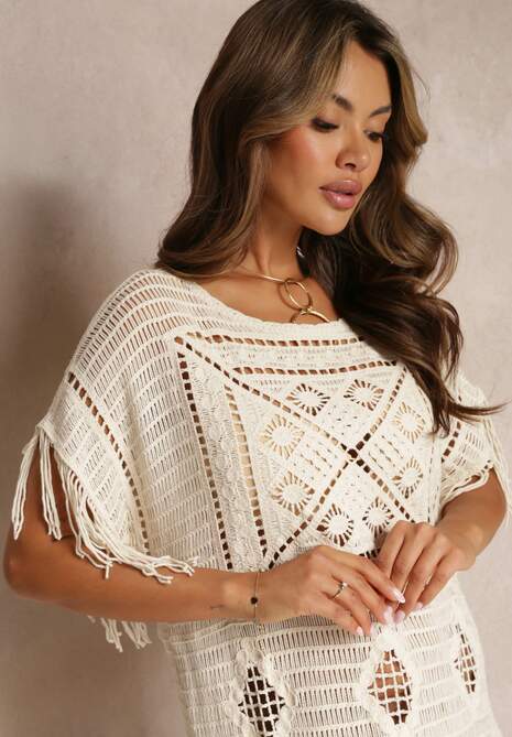 Beżowa Szydełkowa Sukienka Maxi z Frędzlami i Rękawem Typu Nietoperz Yumoto