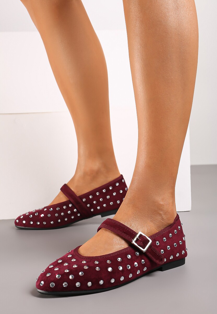 Bordowe Balerinki z Ekozamszu z Zapięciem na Klamerkę Ozdobione Cyrkoniami Daisanna