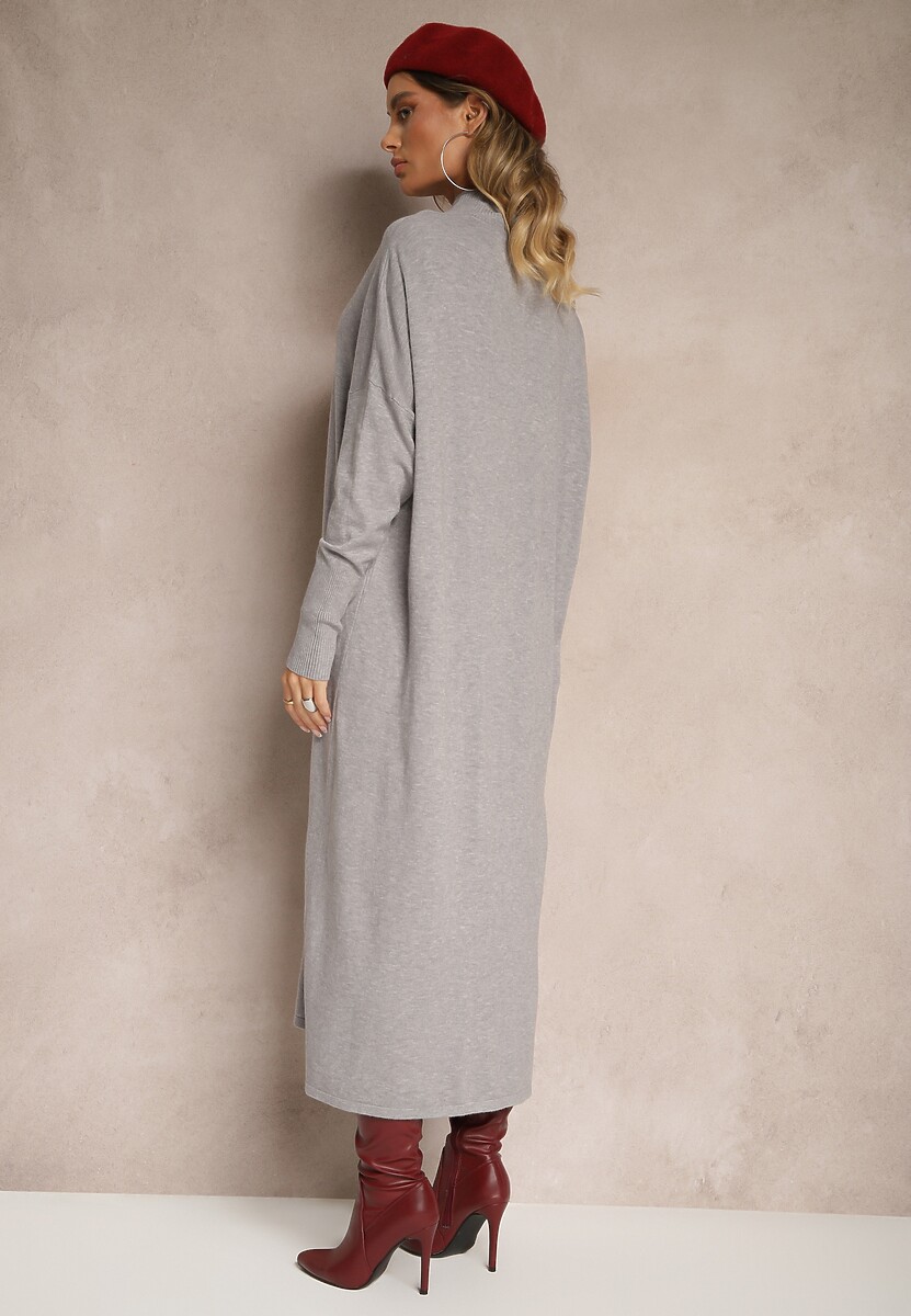 Jasnoszara Pudełkowa Sukienka Sweterkowa z Wiskozą i Golfem Rinnine