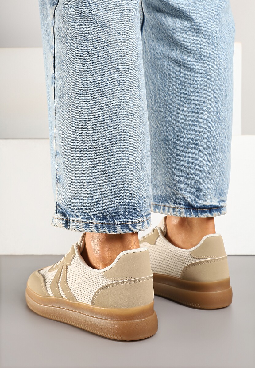 Ciemnobeżowe Sneakersy Ozdobione Paskami Sadleane