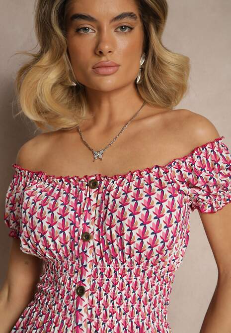 Różowa Bawełniana Sukienka z Bufiastymi Rękawami i Guzikami Ronimera