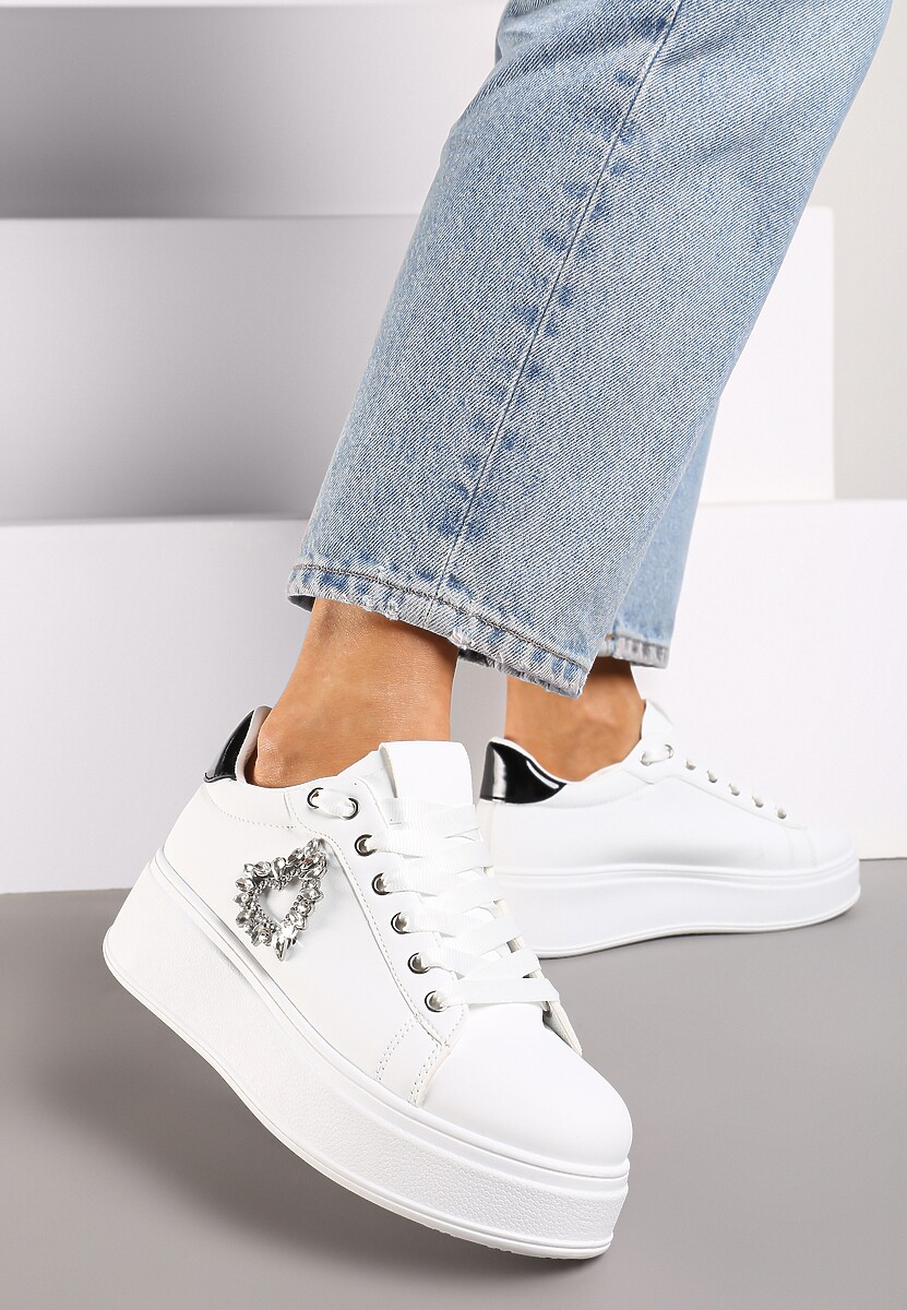 Biało-Czarne Sneakersy na Platformie z Aplikacją Serca z Cyrkonii Elisana