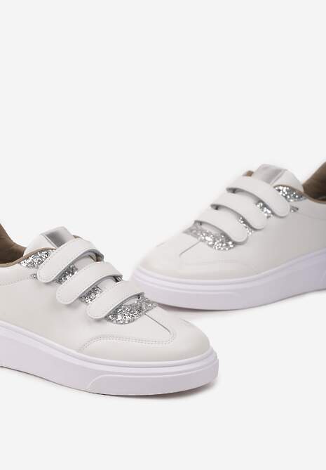 Biało-Srebrne Sneakersy z Brokatową i Metaliczną Wstawką i Zapięciem na Rzep Tinarima