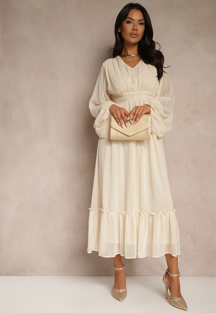 Beżowa Plisowana Sukienka Koktajlowa Ozdobiona Guzikami i Falbankami Osumia