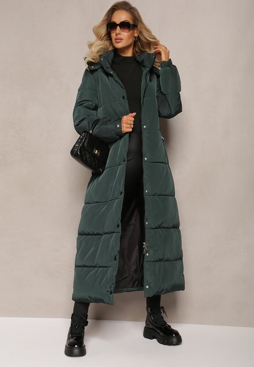 Miętowa Długa Kurtka Płaszcz z Pikowaniem i Odpinanym Kapturem Mystaris