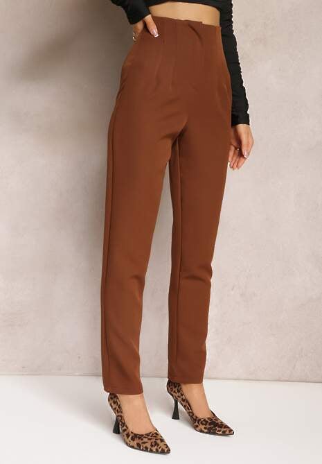 Ciemnobrązowe Spodnie Cygaretki High Waist Molfi