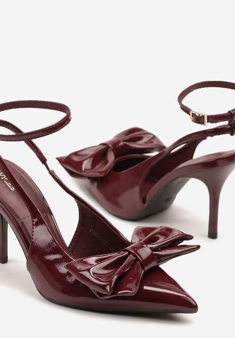 Bordowe Lakierowane Sandały na Szpilce Vices z Dużą Kokardką Bez Pięty Velozia