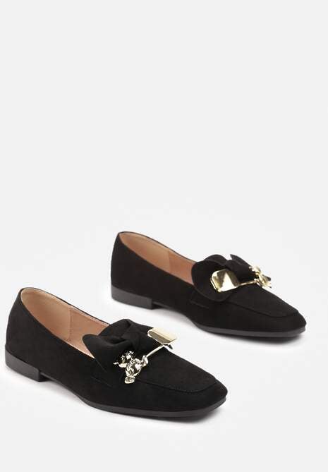 Czarne Mokasyny z Ekozamszu Ozdobione Kokardą i Klamrą z Misiem Koralia
